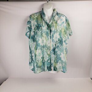 Alfred Dunner Sz 14 Floral Blouse Lined Green Blue White Beach Vacation Cruise